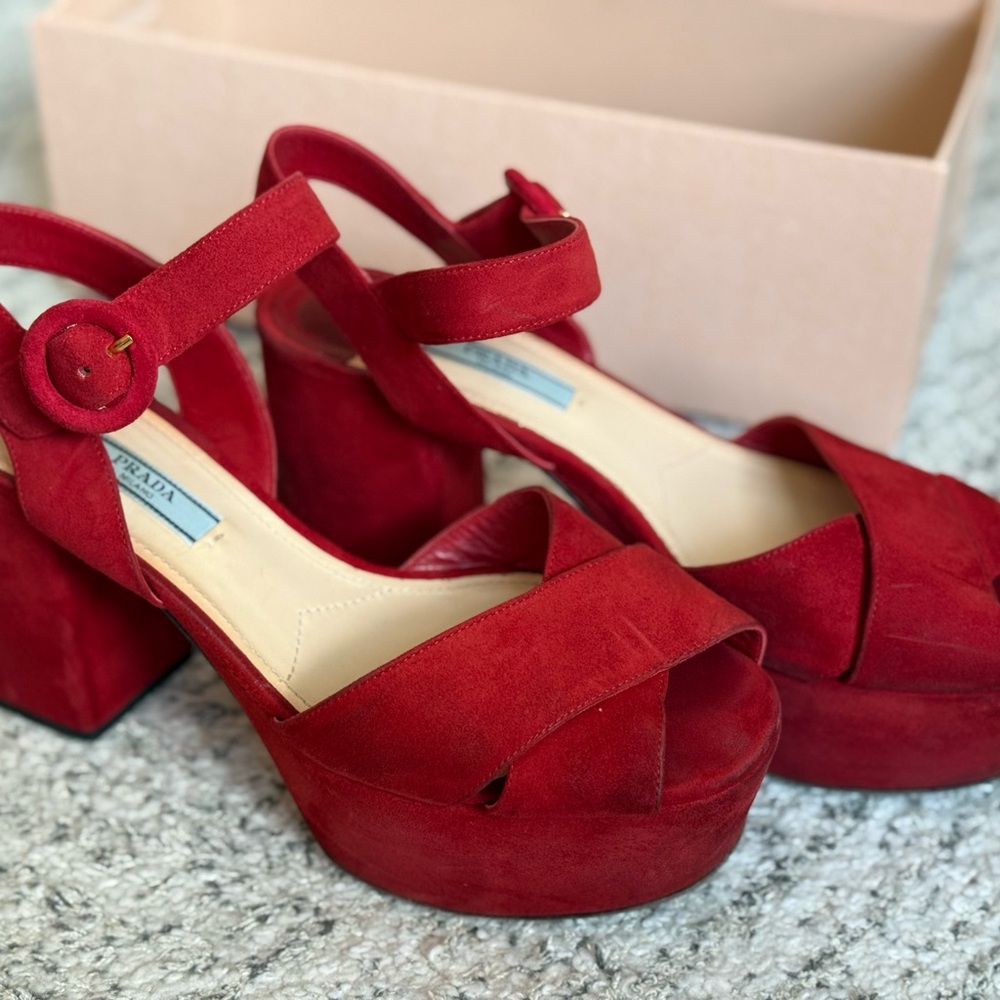 Prada Suede Red Platform Sandals